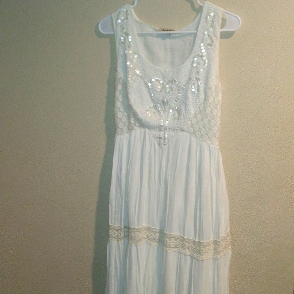White Beaded Boho Prairie Bridal Midi/Maxi Dress S